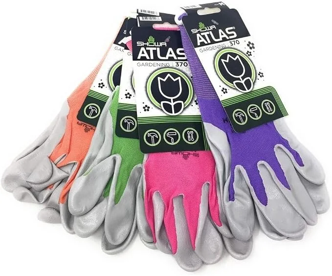Four pairs of Showa Atlas 370 gardening gloves in assorted colors